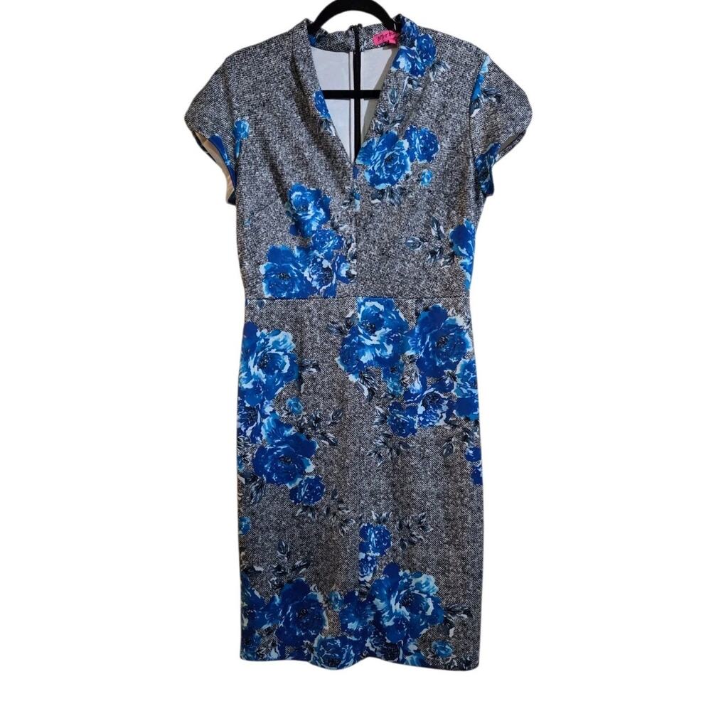 Betsey Johnson Floral Scuba Knit Midi Dress Size 12 Colorful Sheath Garden Party